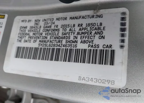 2004 Pontiac Vibe z USA, uszkodzony, nr VIN 5Y2SL62834Z463516